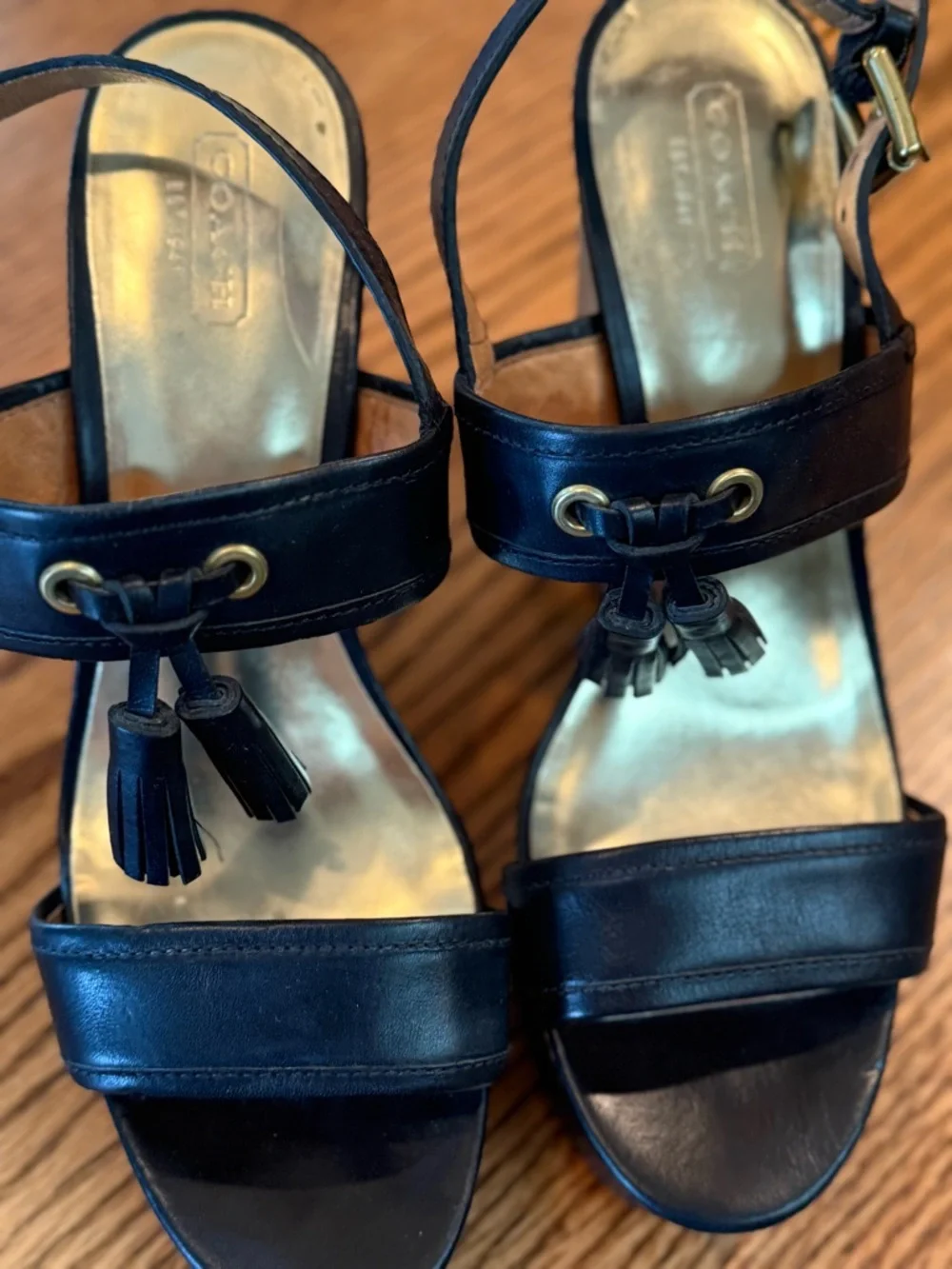 Coach Black Leather Tassel Ankle-Strap Wedges - Picture 2 of 6